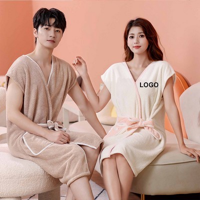 Absorbent Coral Velvet Short Sleeve Bathrobe