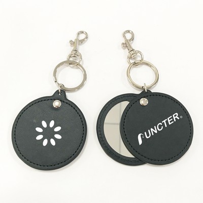2.5" Diameter Round Shape Black Mini Keychain Compact Mirror of PU fabric