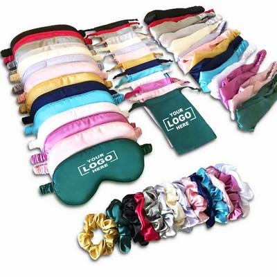 Travel Silk Satin Sleeping Eye Mask Kit With Headband Hair Scrunchies and Pouch