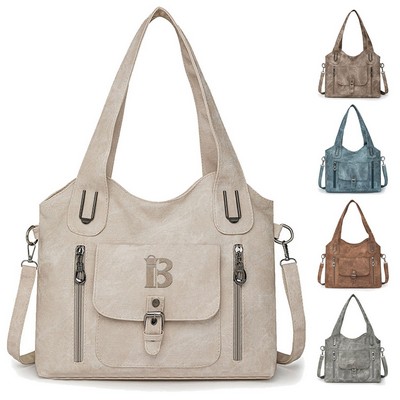 Elegant Vintage PU Leather Shoulder Bag w/ Large Capacity