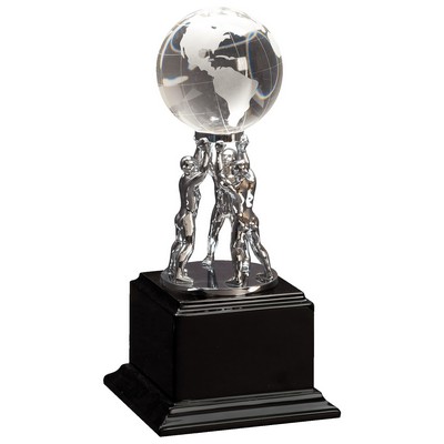 10" Clear Crystal Globe with Silver Men/Stand on Black Piano Finish Base