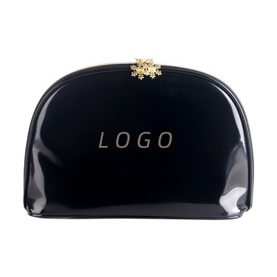 Portable PVC Patent Leather Glossy Black Cosmetic Bag
