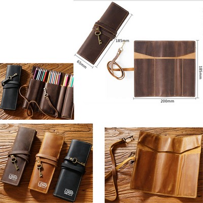 Retro Crazy Horse Leather Pencil Case Genuine Leather Pen Cases