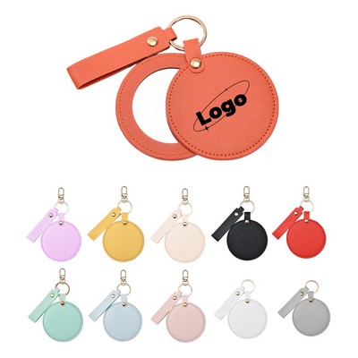 Portable Round PU Leather Makeup Mirror w/ Keychain
