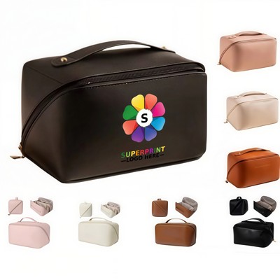 PU Leather Zipper Toiletry Bag With Handle