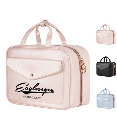 Large Capacity Waterproof Faux Pearl Leather Cosmetic Bag with Metal Snap Handle