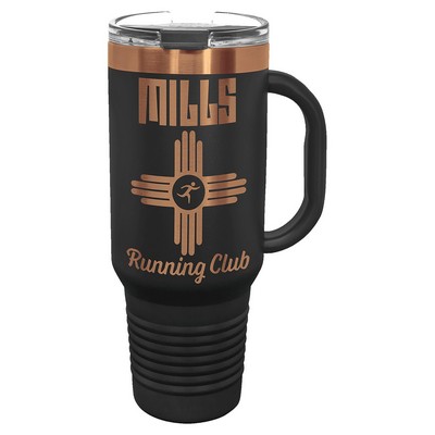 Polar Camel 40 oz. Black/Rose Gold ION-Plated Travel Mug with Handle, Straw Included