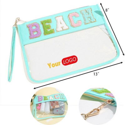Clear PVC Cosmetic Bag with Chenille Letter, Waterproof