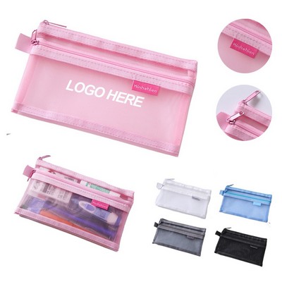 Transparent Mesh Storage Bag Double Layer Stationery Bag