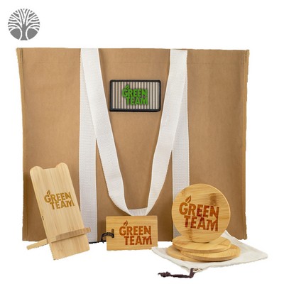 Eco Gift Set with Kraft Tote, Bamboo Charger & Drink Coaster Set