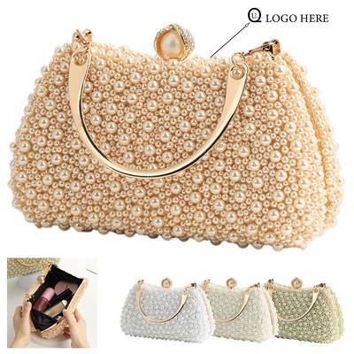 Pearl-Adorned Satin Clutch Bag