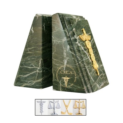 Jade Leaf Green Tapered Marble Book Ends with Law Emblem & Fancy Bevel