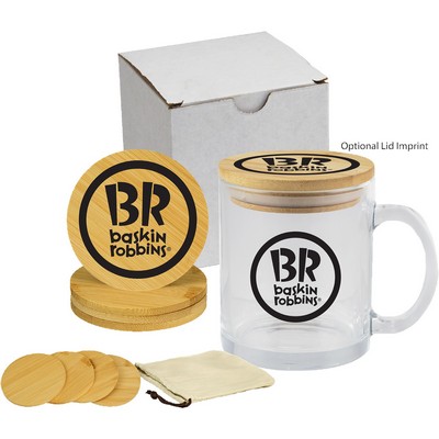 Glass Mug & Bamboo Coaster Gift Set in White Box